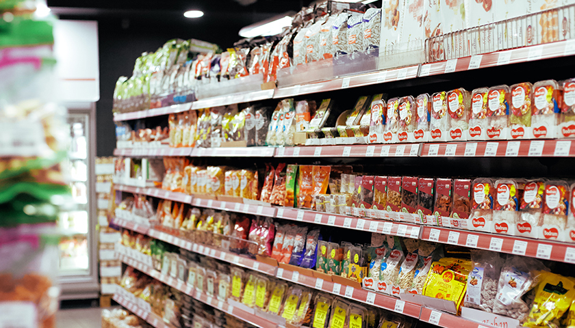 inside of grocery store; close up of products in the aisle