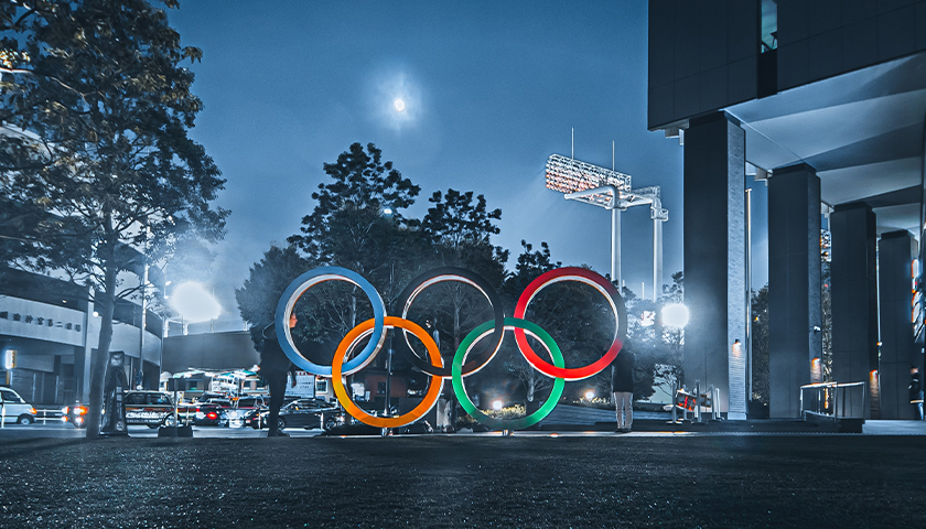 Olympics ring logo in dark in Tokyo