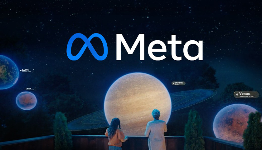 Illustration of two people looking out on a design of Meta, Facebook's new name